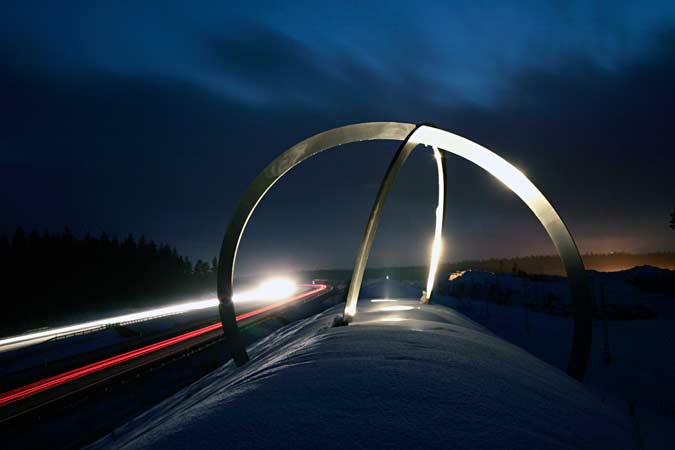 Toikka Highway 75 sculpture at night.