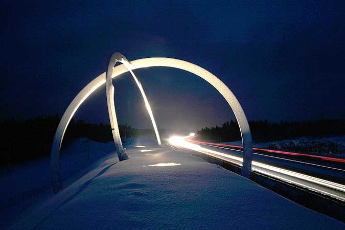 Toikka Highway 75 sculpture at night.